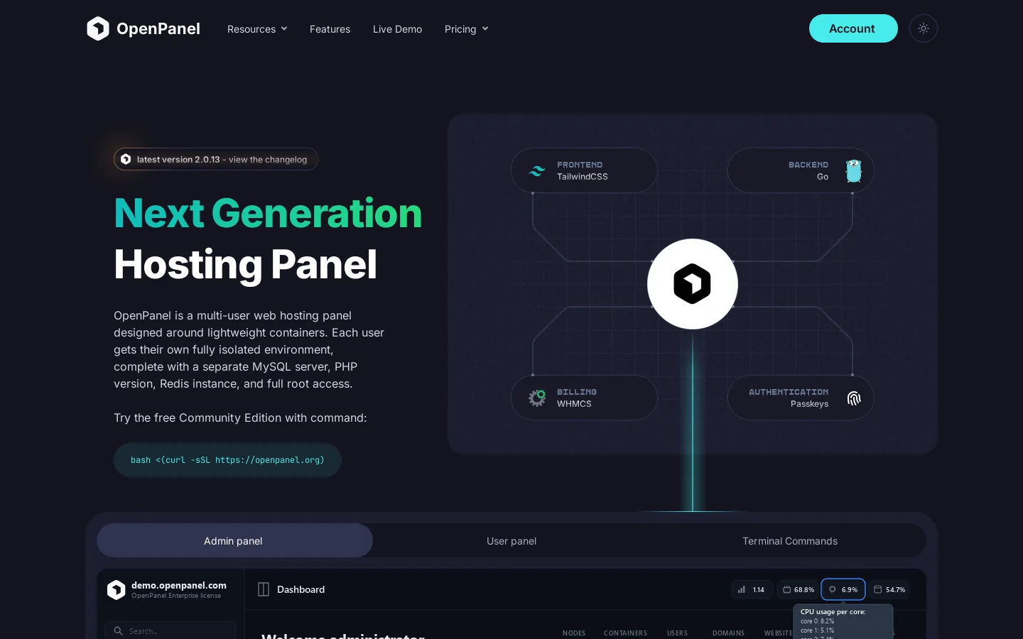 OpenPanel Homepage screenshot