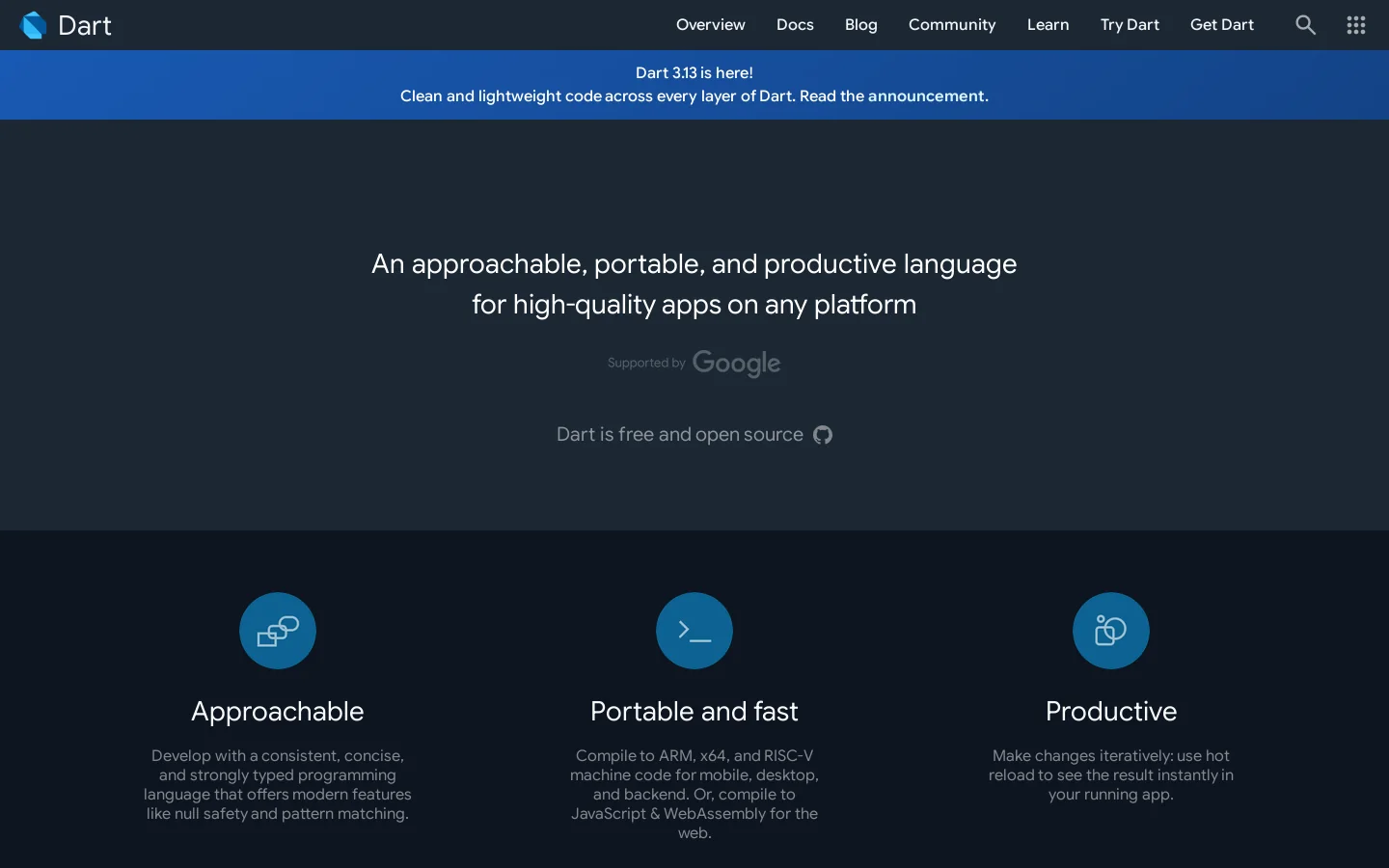 Dart programming language Homepage screenshot