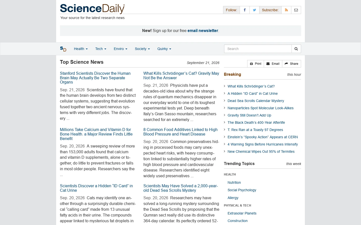 ScienceDaily Homepage screenshot
