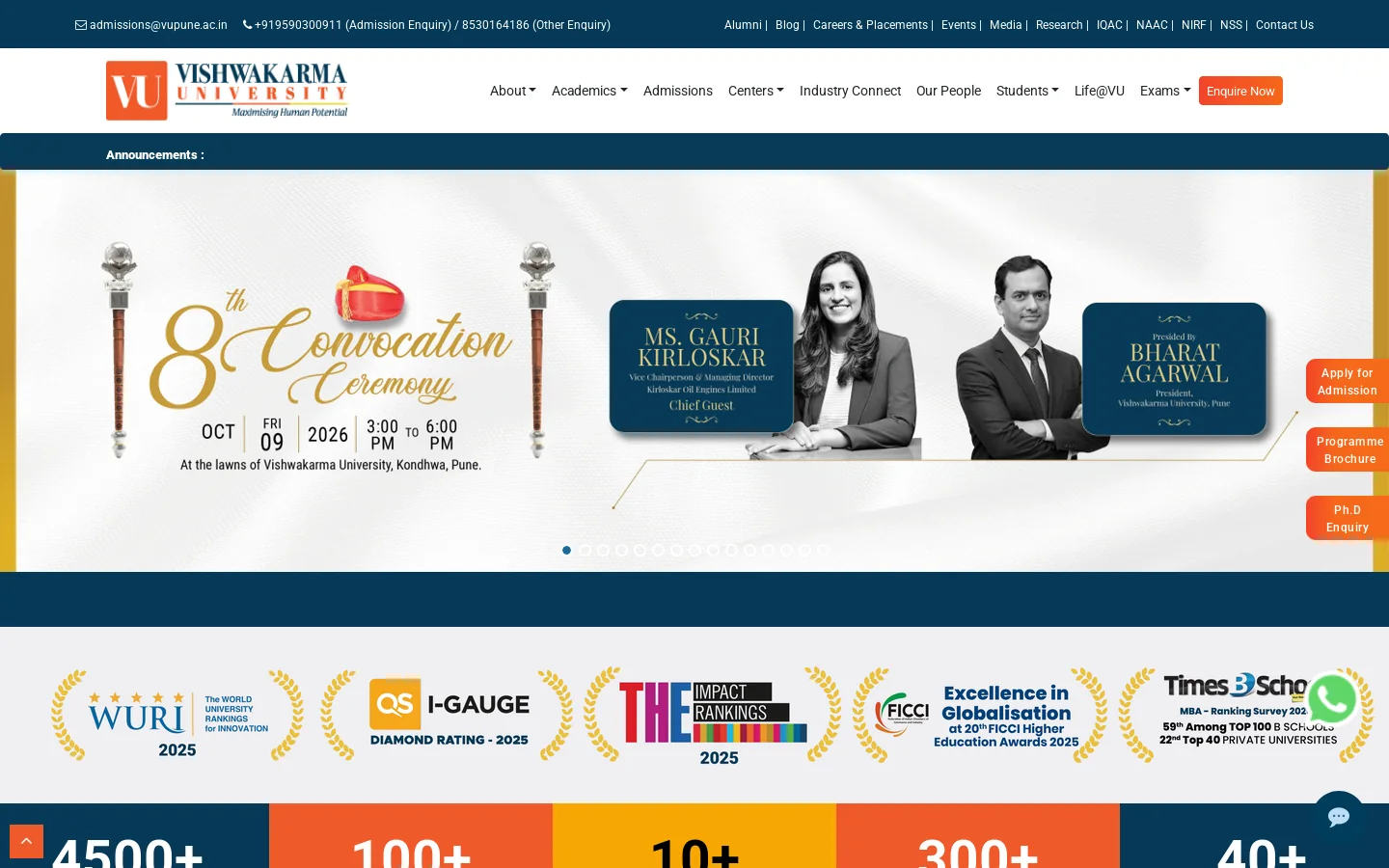 Vishwakarma University Pune | Top University In Pune | Admission Open For 2026-27 Homepage screenshot