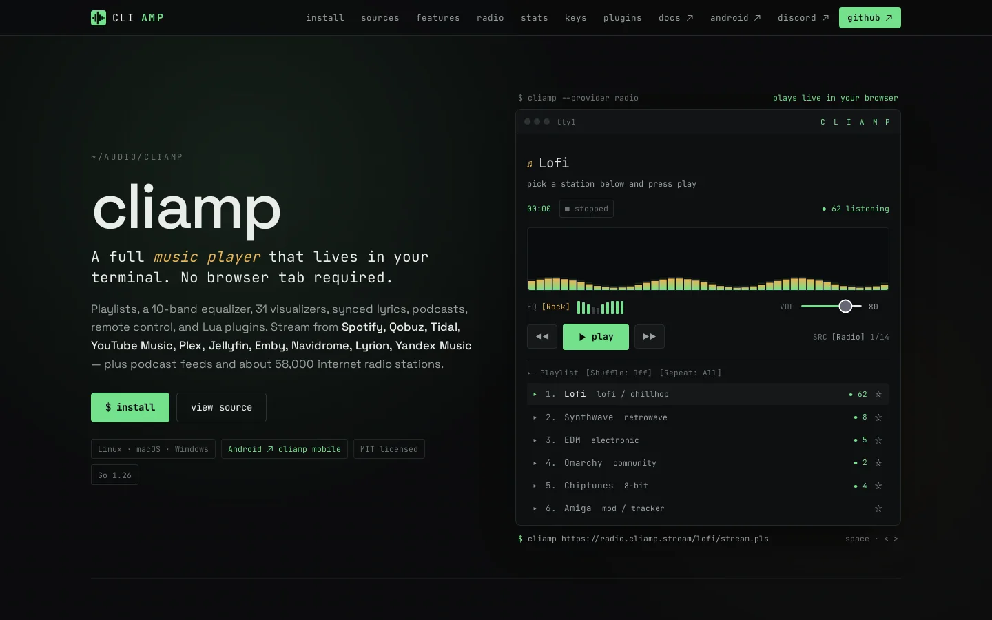 cliamp Homepage screenshot