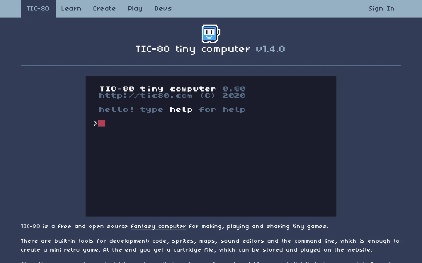 TIC-80 tiny computer Homepage screenshot