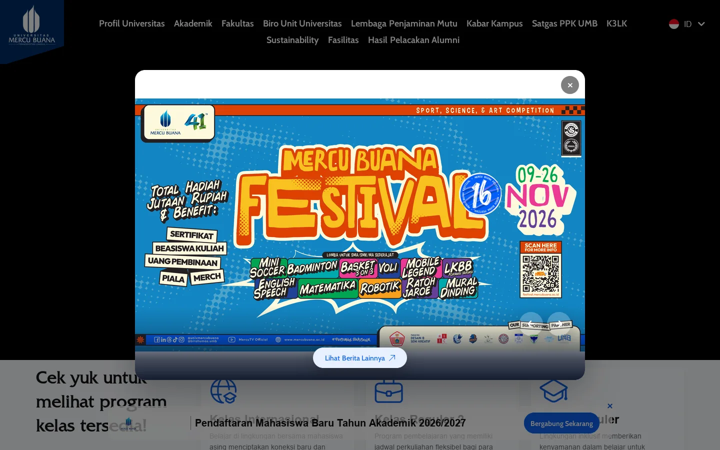 Universitas Mercu Buana Homepage screenshot