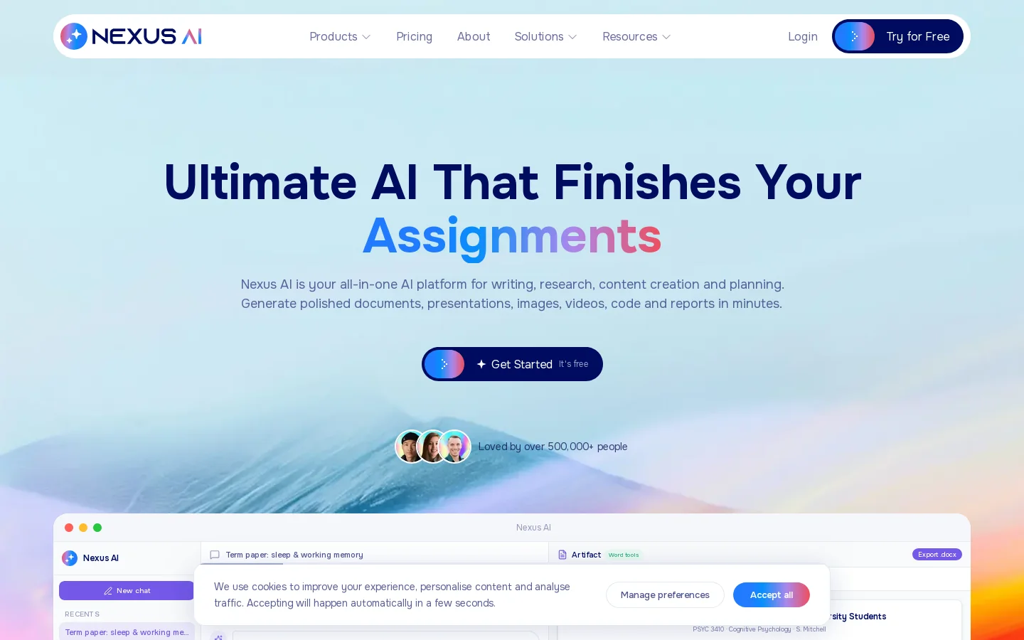 Nexus AI | AI Writing, Research, Images, Decks & Code Homepage screenshot