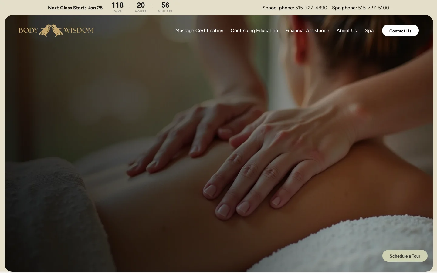 Body Wisdom | Massage School & Spa Homepage screenshot