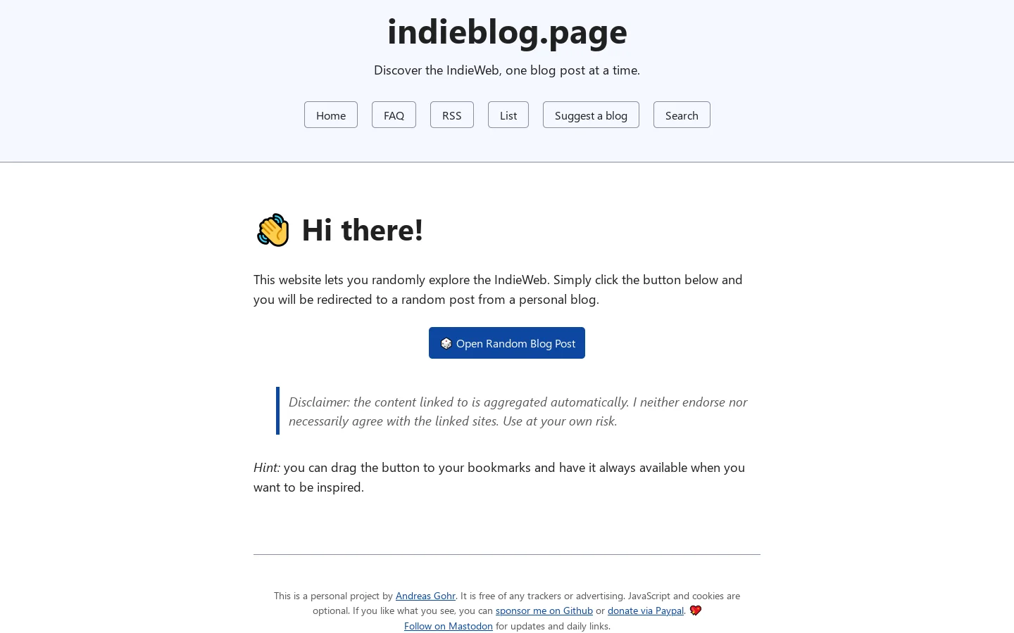 Discover the IndieWeb, one blog post at a time. Homepage screenshot