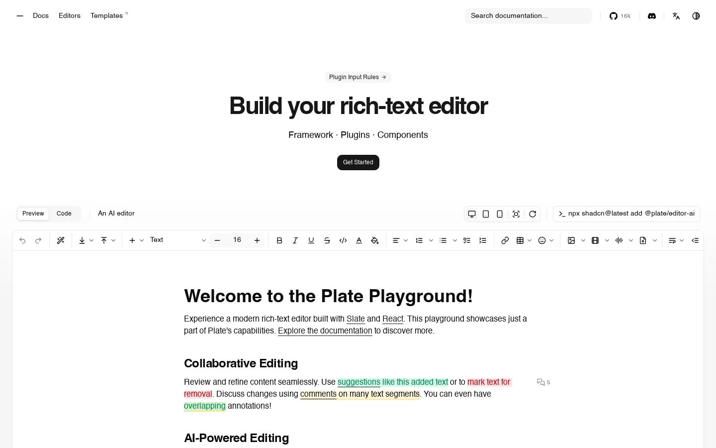 Build your rich-text editor - Plate Homepage screenshot