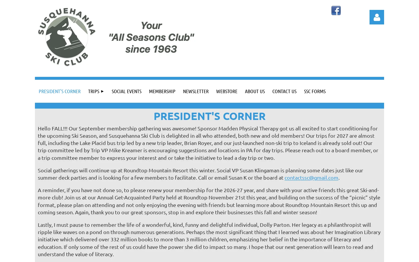 Susquehanna Ski & Snowboard Club - President's Corner Homepage screenshot