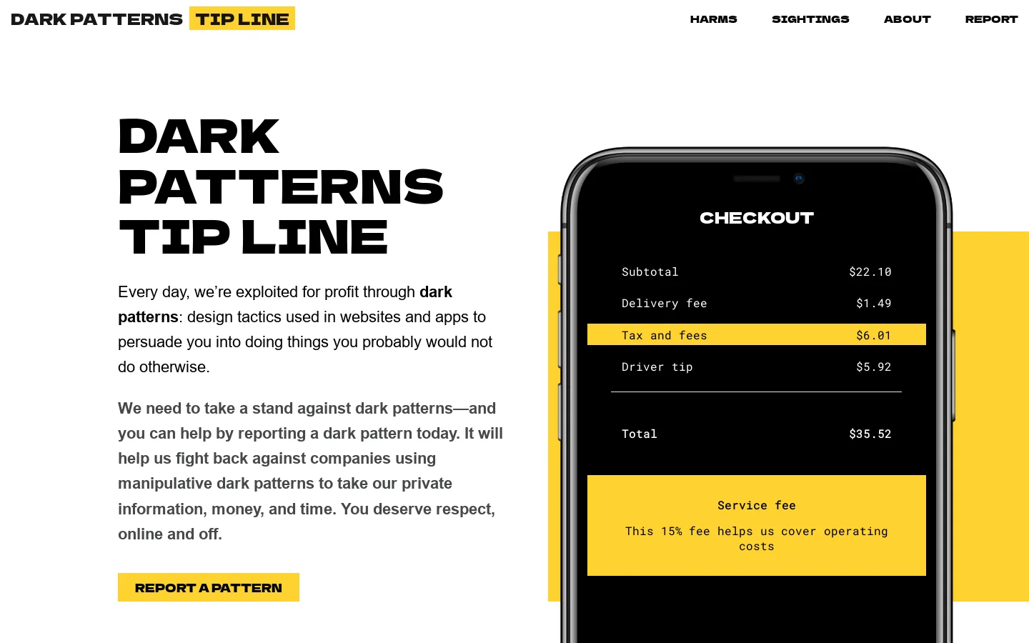 Dark Patterns Tip Line Homepage screenshot