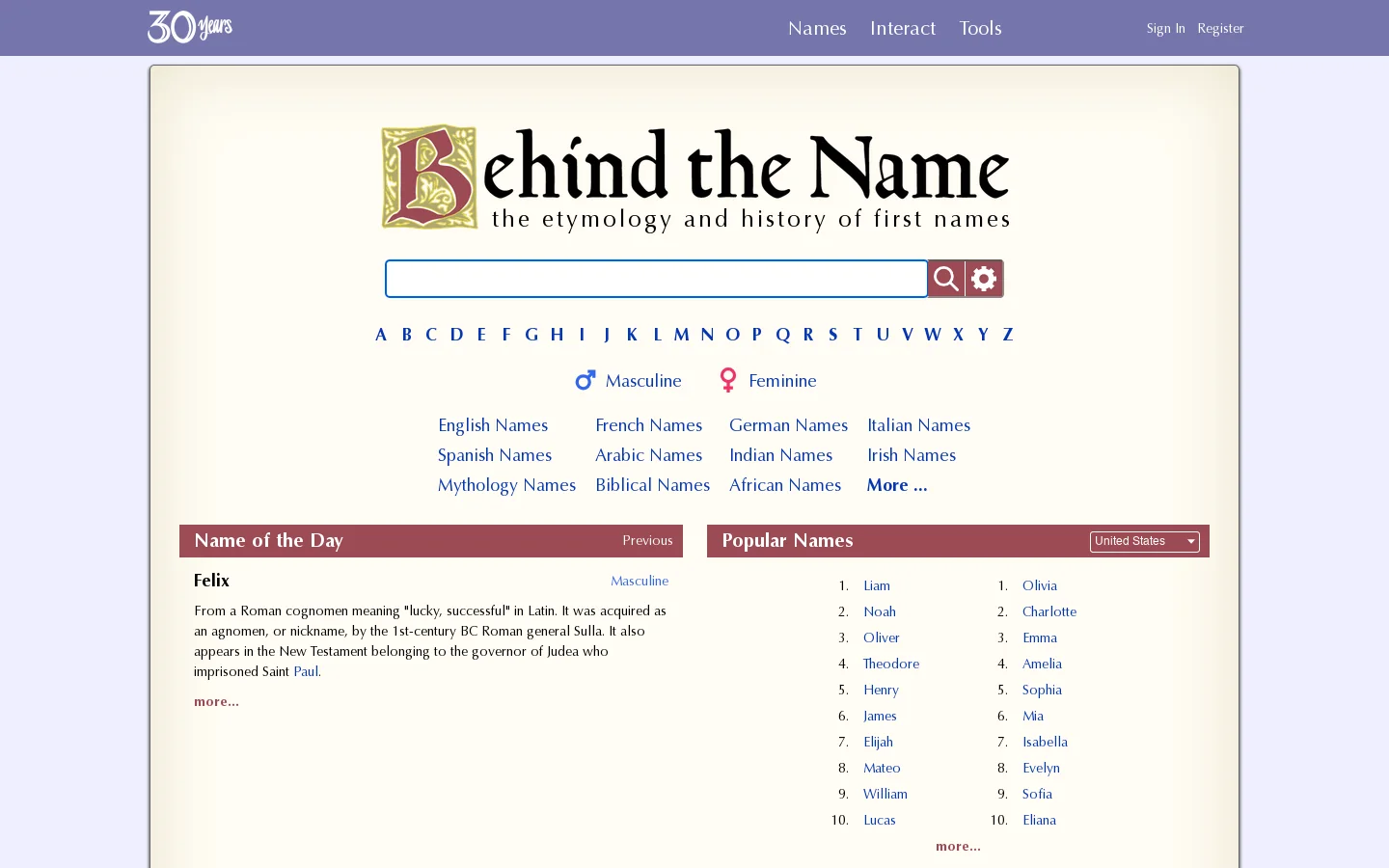 Behind the Name Homepage screenshot