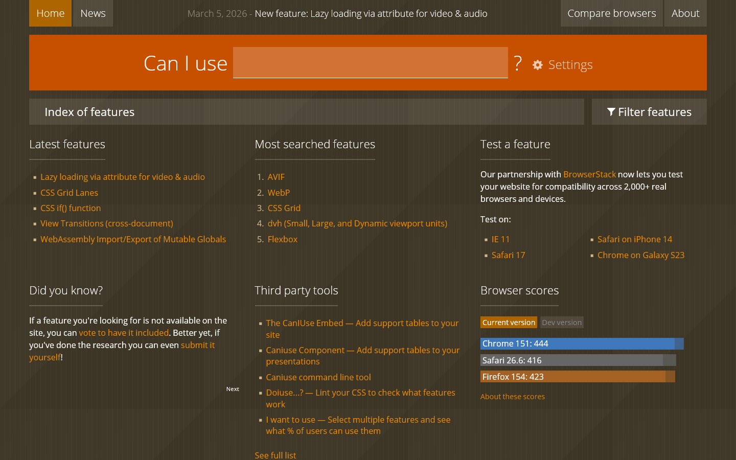 Can I use... Support tables for HTML5, CSS3, etc Homepage screenshot