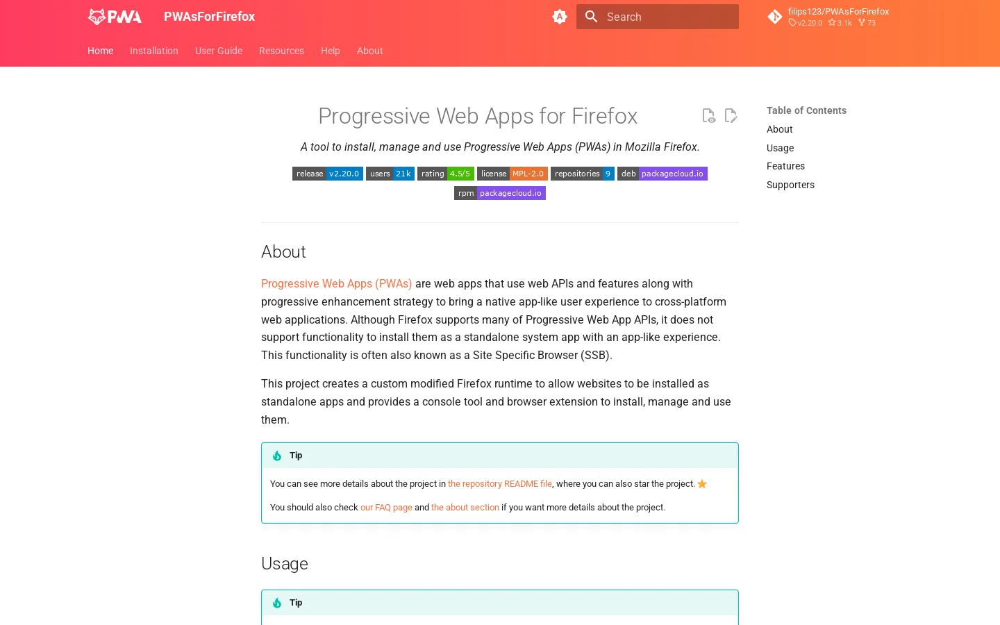 PWAsForFirefox Homepage screenshot