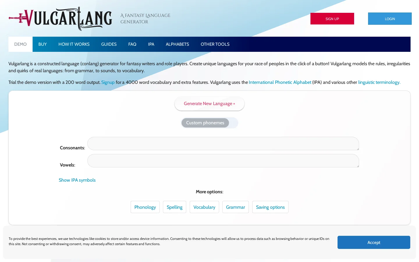 Vulgarlang Homepage screenshot
