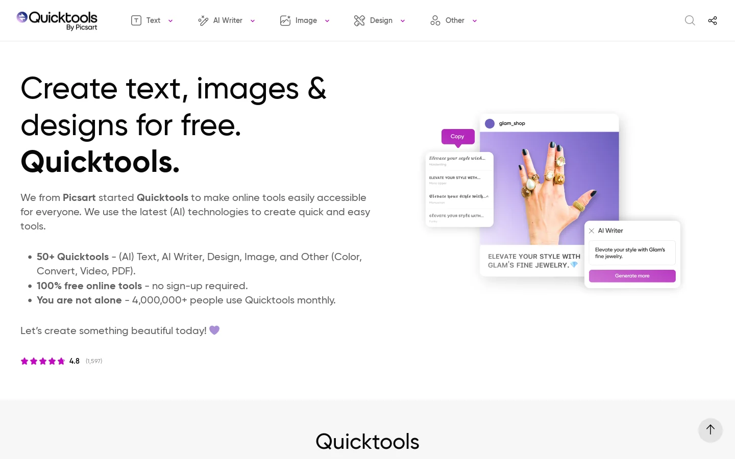 50+ Free AI Writing, Image, Design & Conversion Tools | Quicktools by Picsart Homepage screenshot