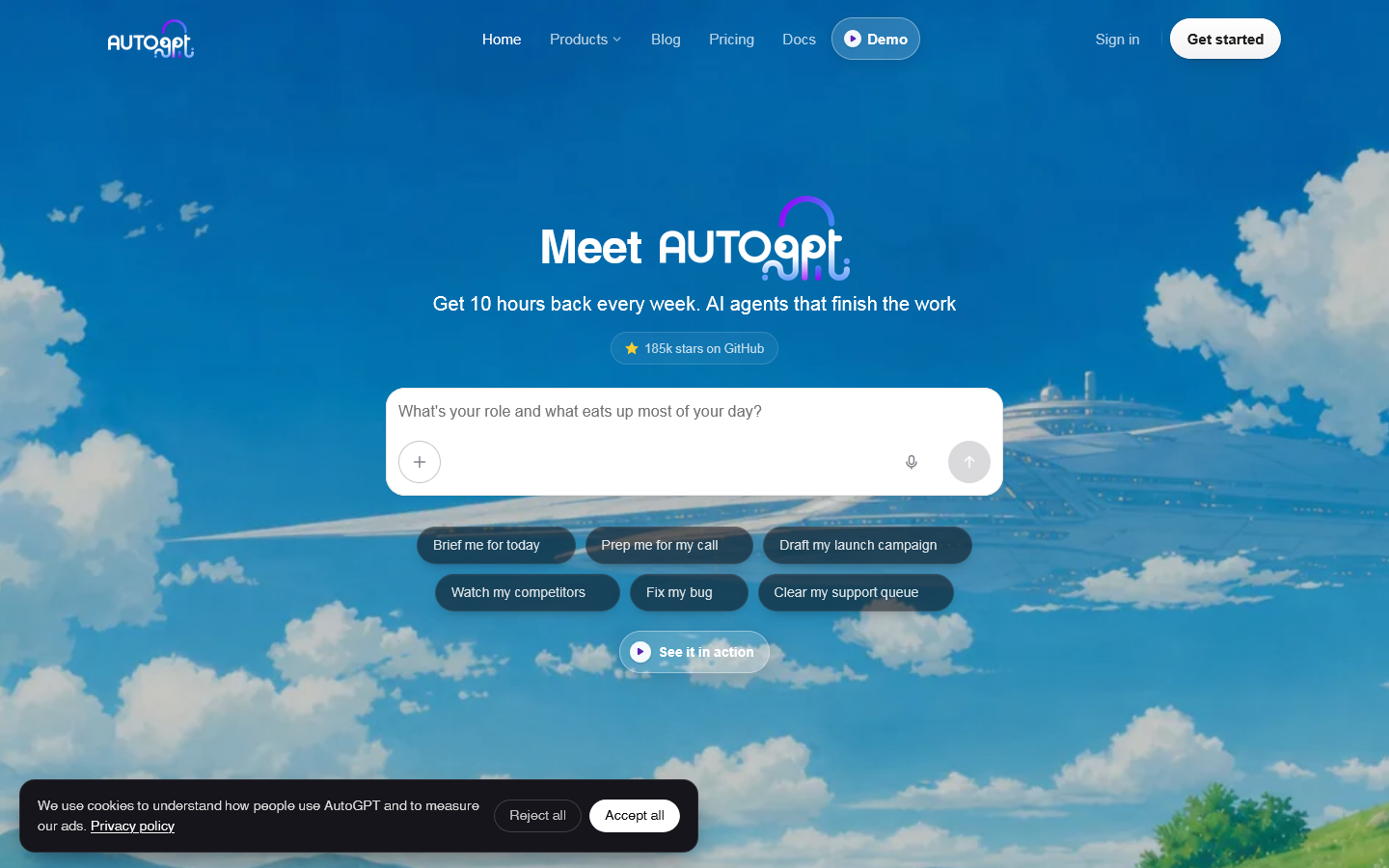 AutoGPT — Stop building workflows. Start hiring agents. Homepage screenshot