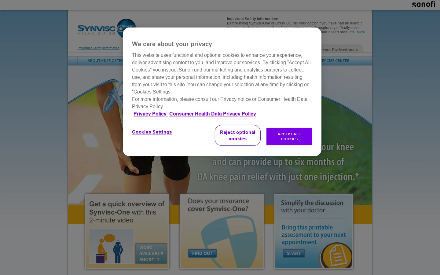 Synvisc-One® Official Site Homepage screenshot