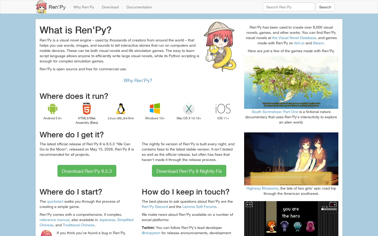 The Ren'Py Visual Novel Engine Homepage screenshot