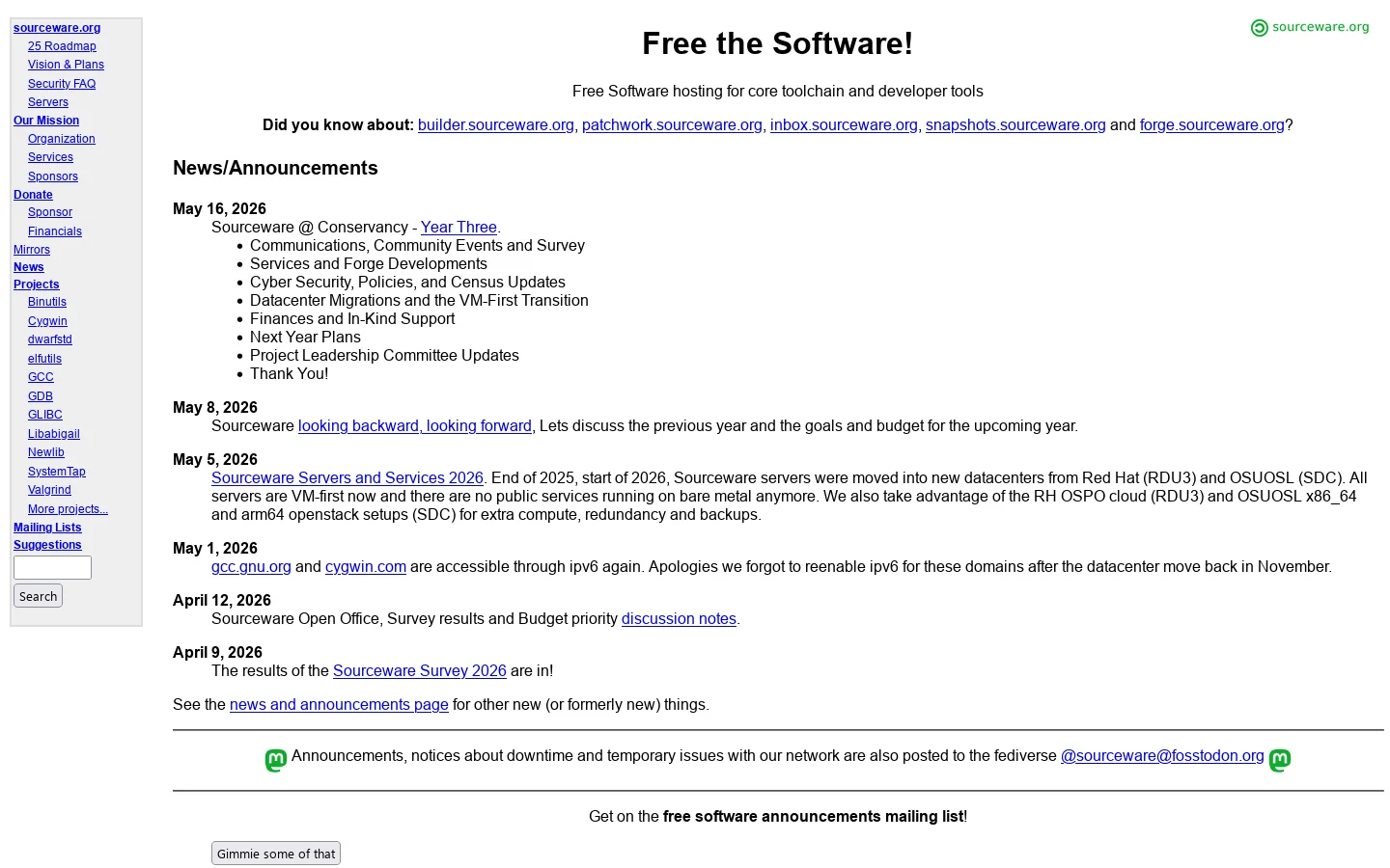sourceware.org Homepage screenshot