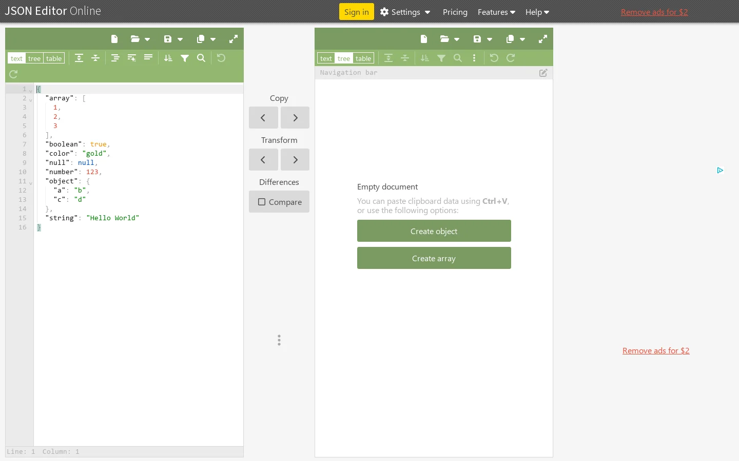 JSON Editor Online Homepage screenshot