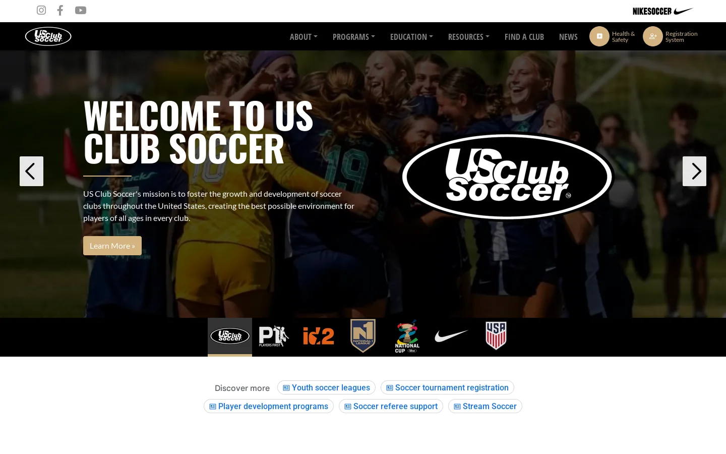 US Club Soccer Website Homepage screenshot