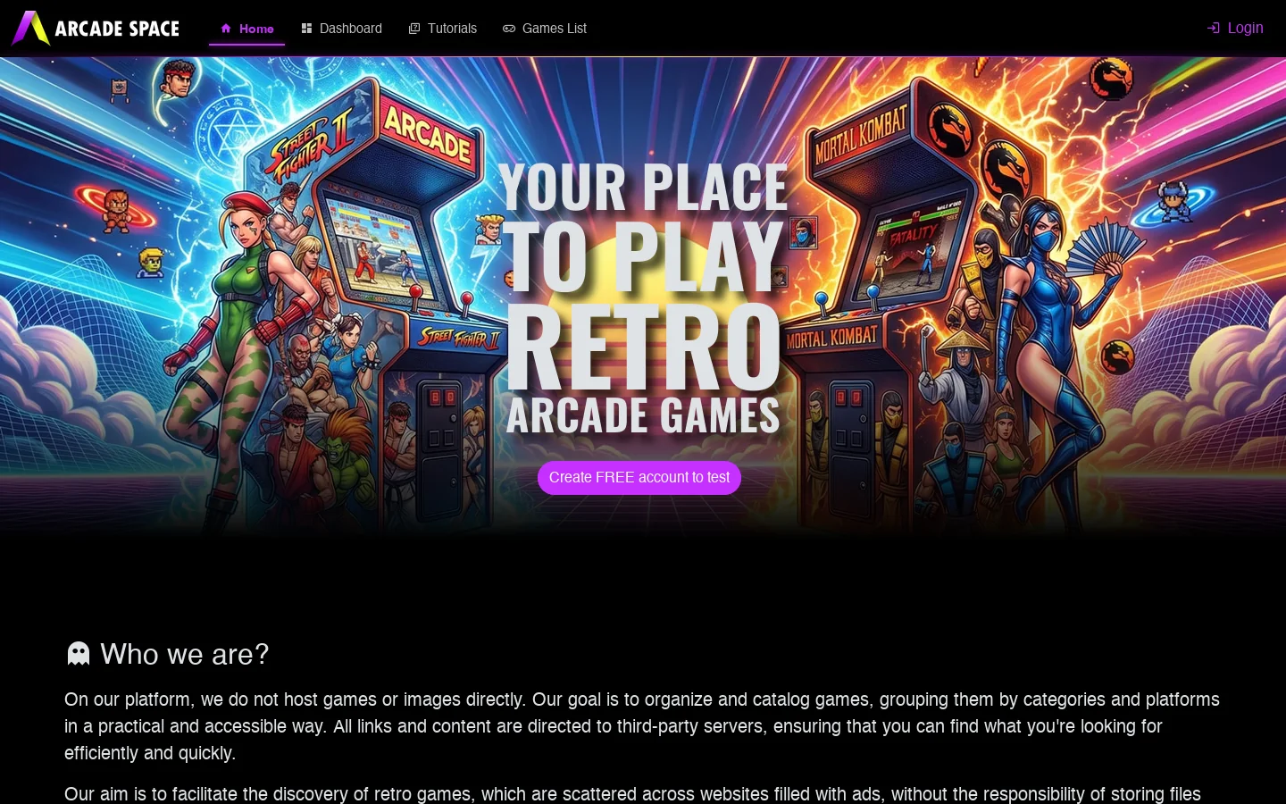 Arcade Space Homepage screenshot