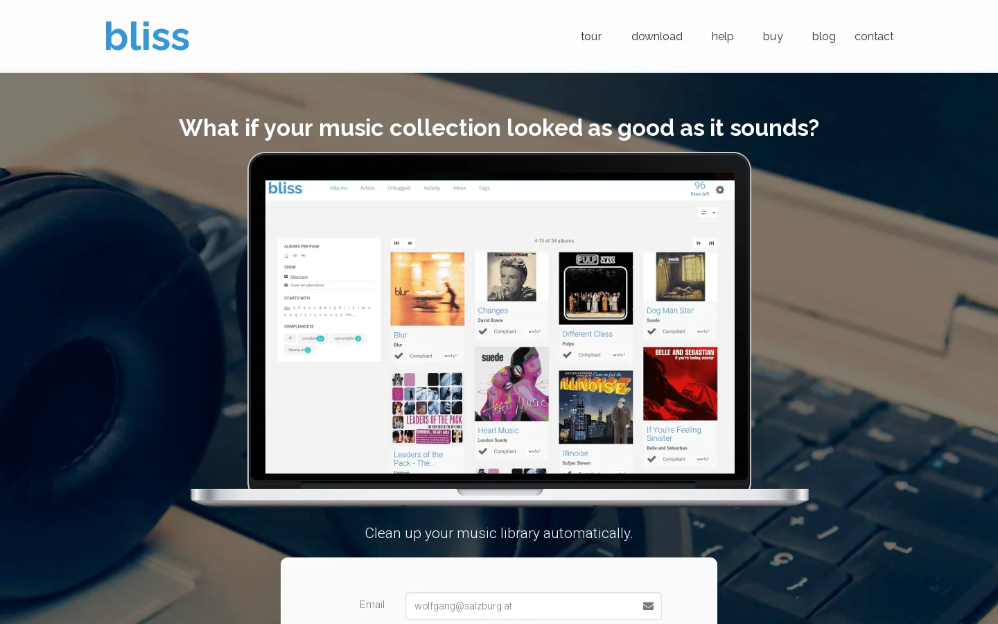 automatic music organizer and album cover finder - bliss Homepage screenshot