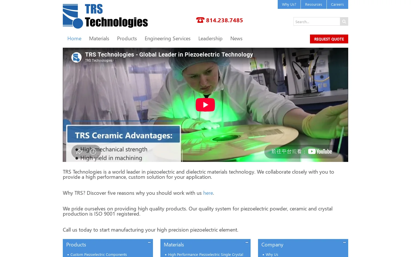 Piezoelectric Ceramics - Single Crystal Piezoelectrics - Piezoelectric Actuators- Specialty Capacitors - TRS Ceramics Homepage screenshot