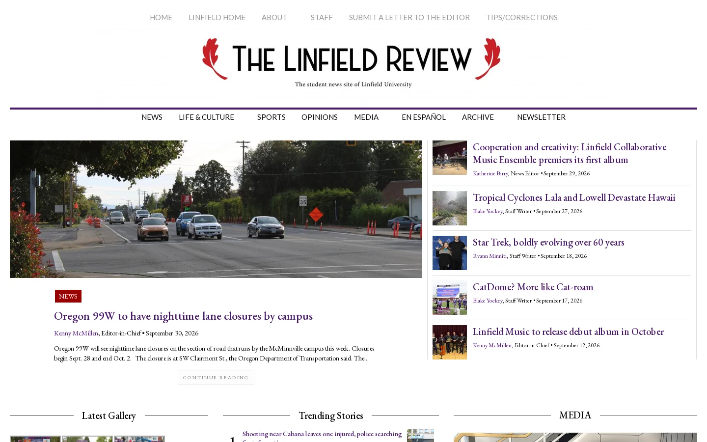 The Linfield Review Homepage screenshot