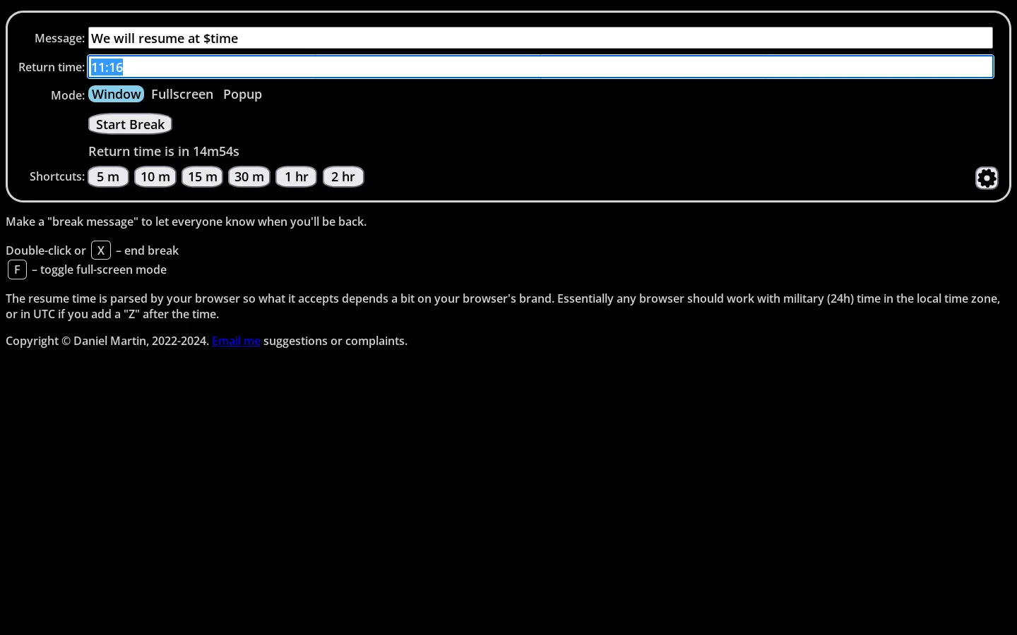 Break Message Homepage screenshot