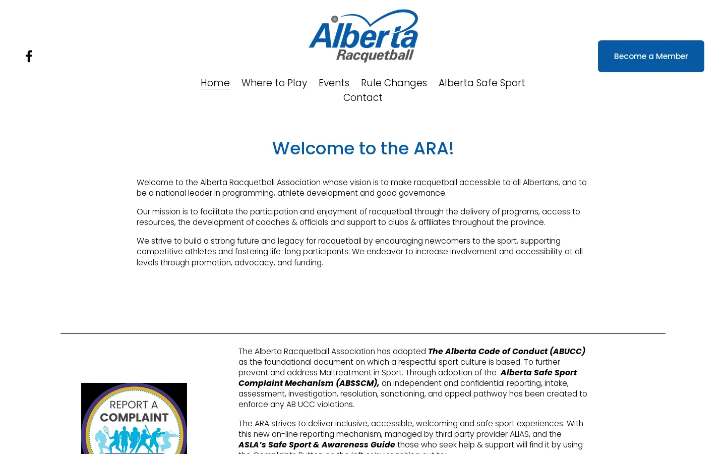 Alberta Racquetball Association Homepage screenshot