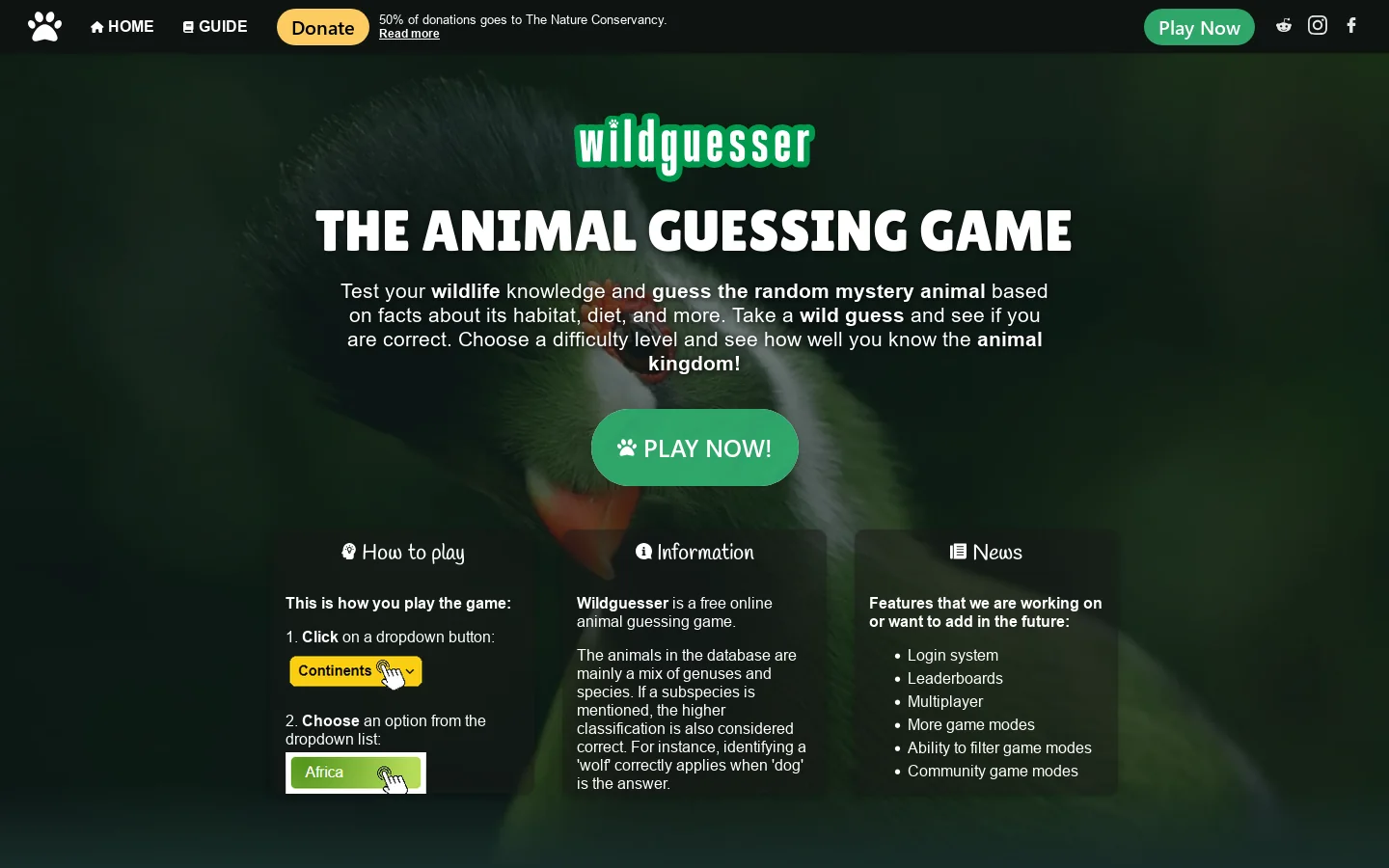 WildGuesser Homepage screenshot