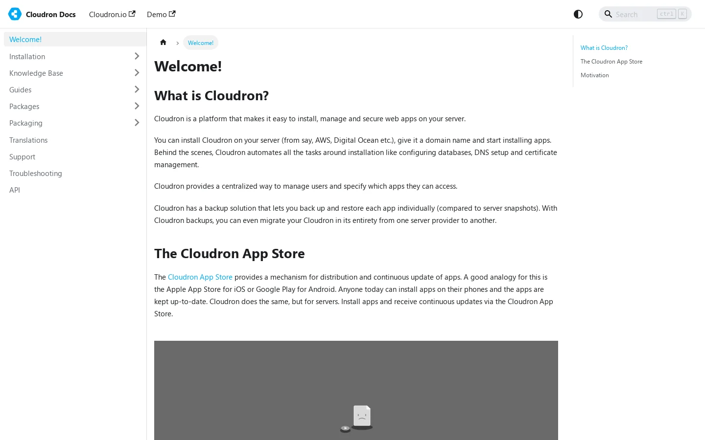 Welcome! | Cloudron Docs Homepage screenshot