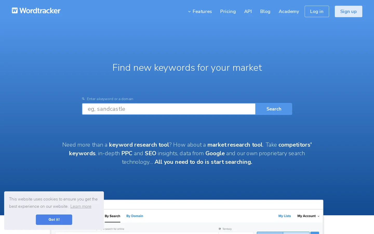 Free Keyword Research Tool from Wordtracker Homepage screenshot