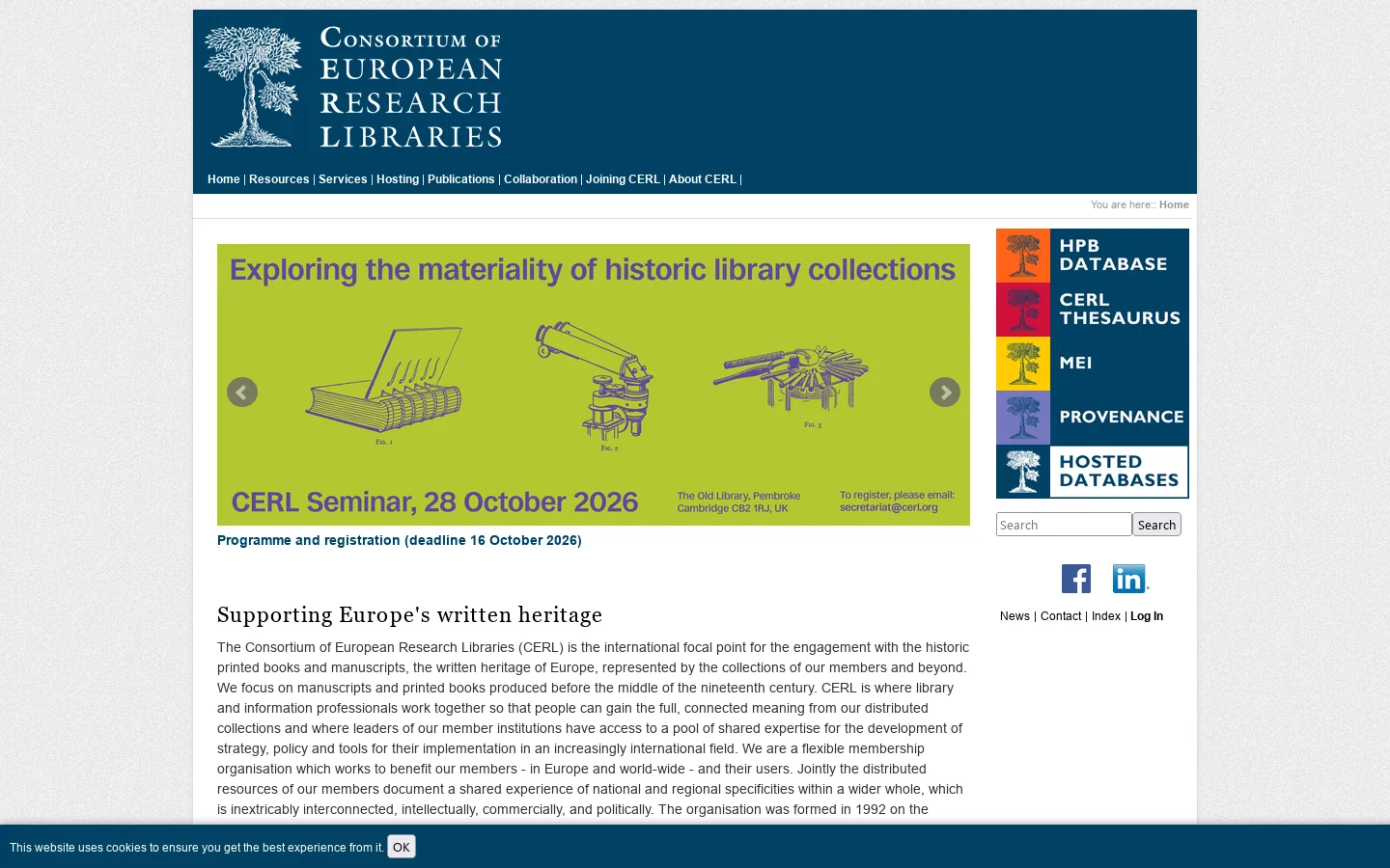 Supporting Europe's written heritage [CERL] Homepage screenshot