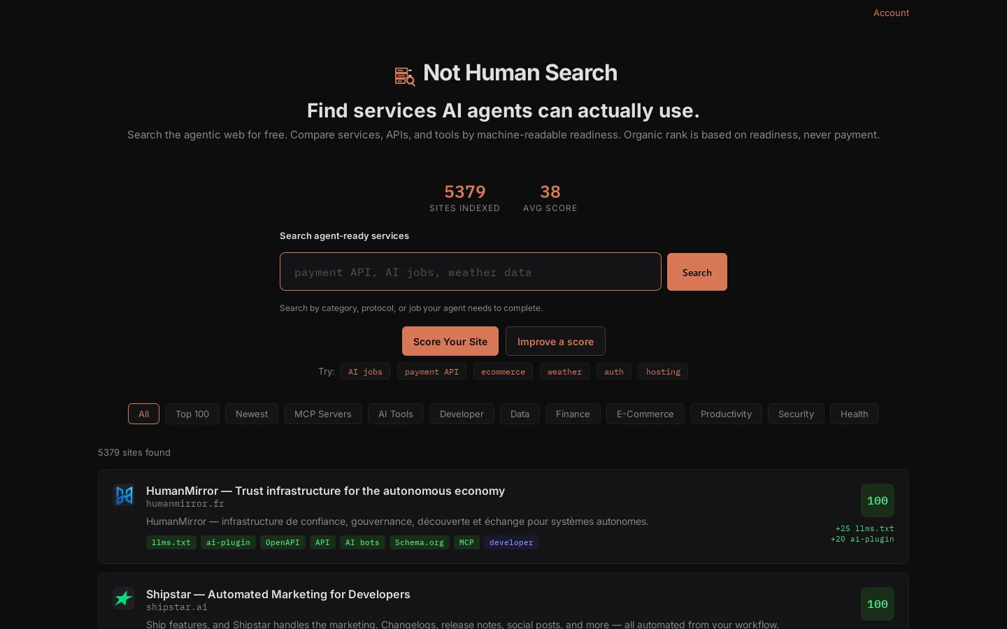 Not Human Search Homepage screenshot