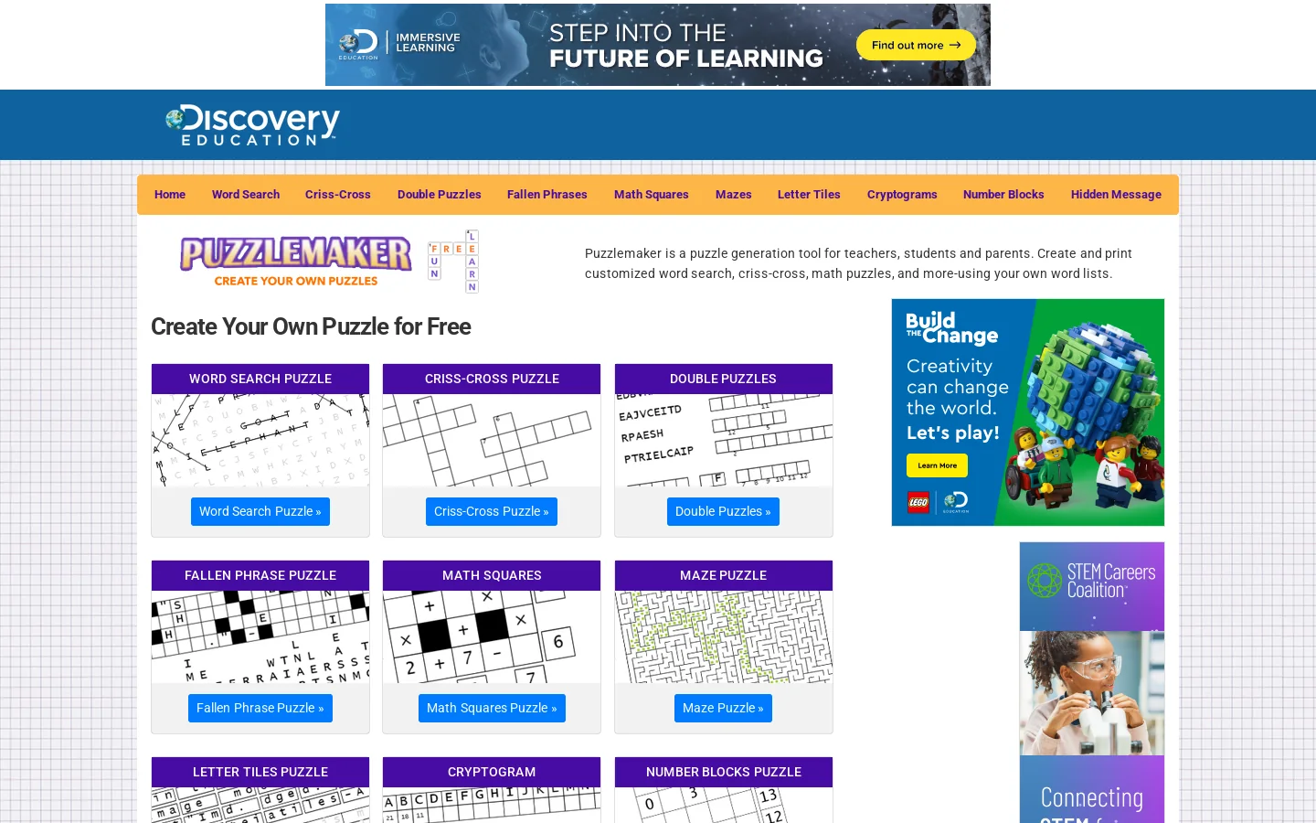 Online Puzzlemaker | Create Your Own Puzzle | Discovery Education Puzzlemaker Homepage screenshot