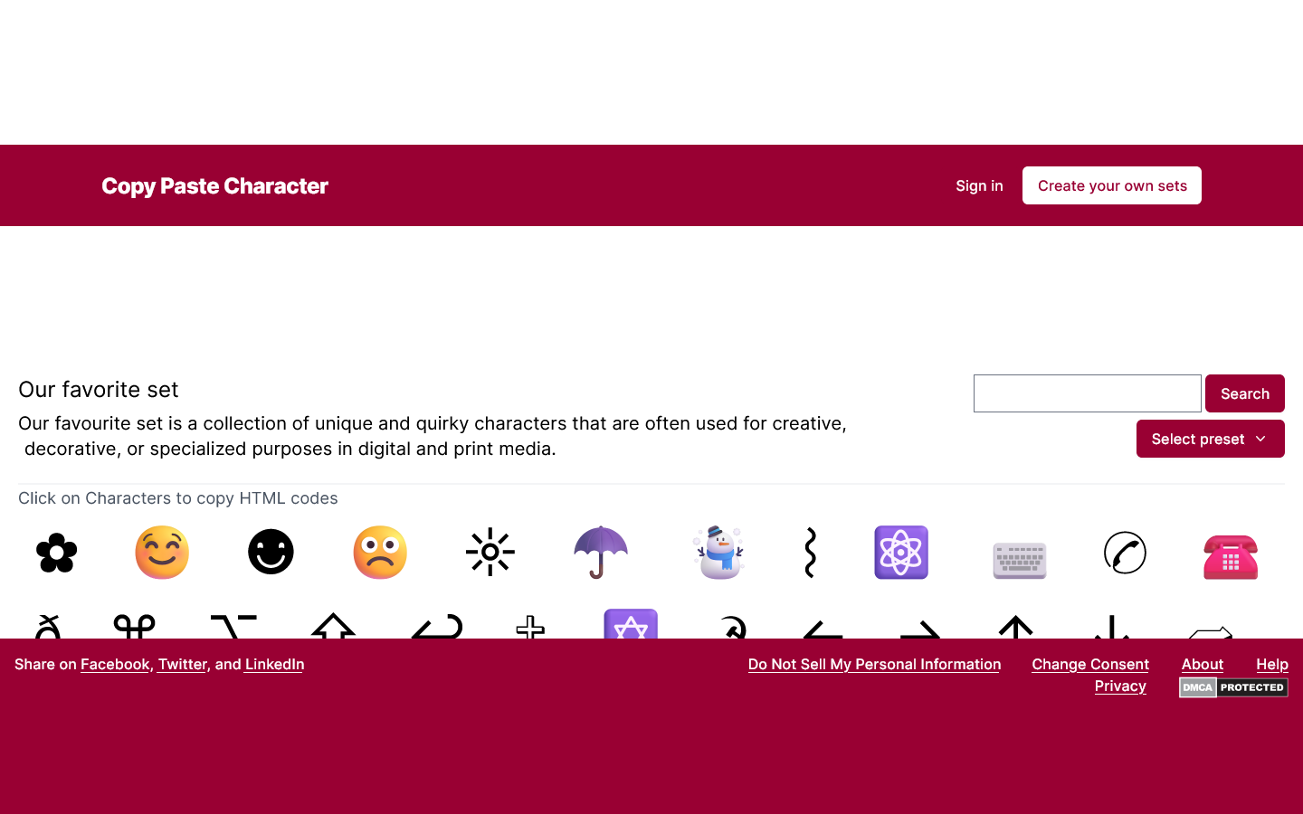 Copy Paste Character Homepage screenshot