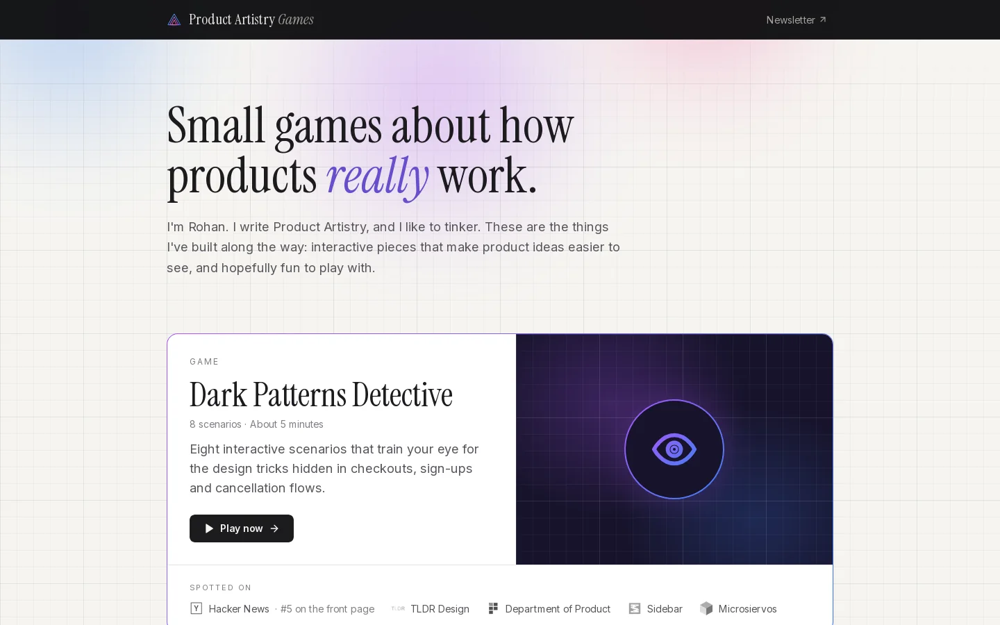 Product Artistry Games Homepage screenshot
