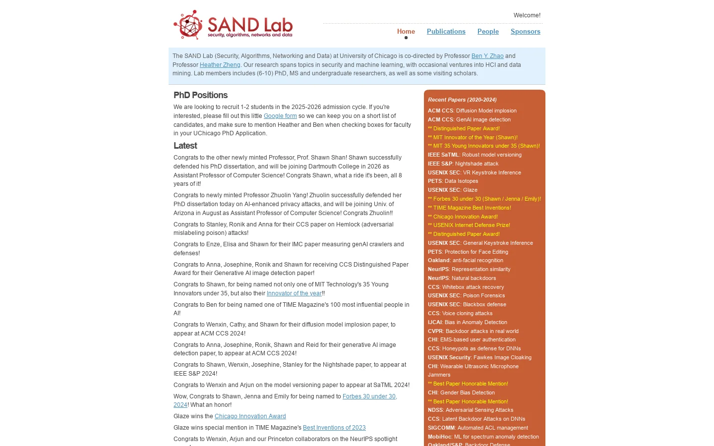 SAND Lab Homepage screenshot