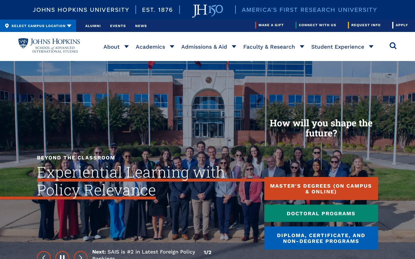 School of Advanced International Studies | Johns Hopkins SAIS Homepage screenshot