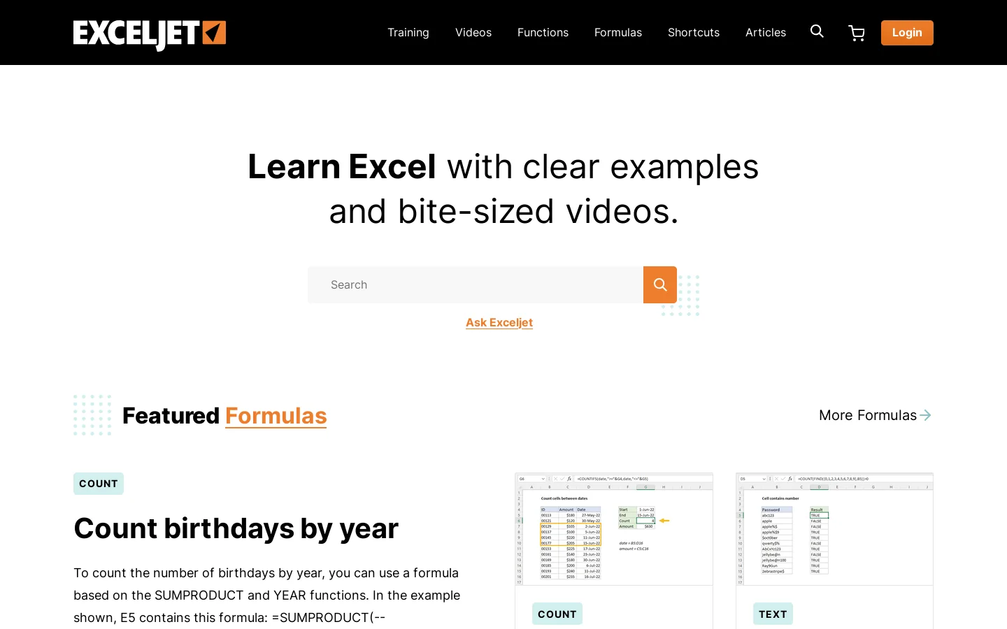 Exceljet Homepage screenshot