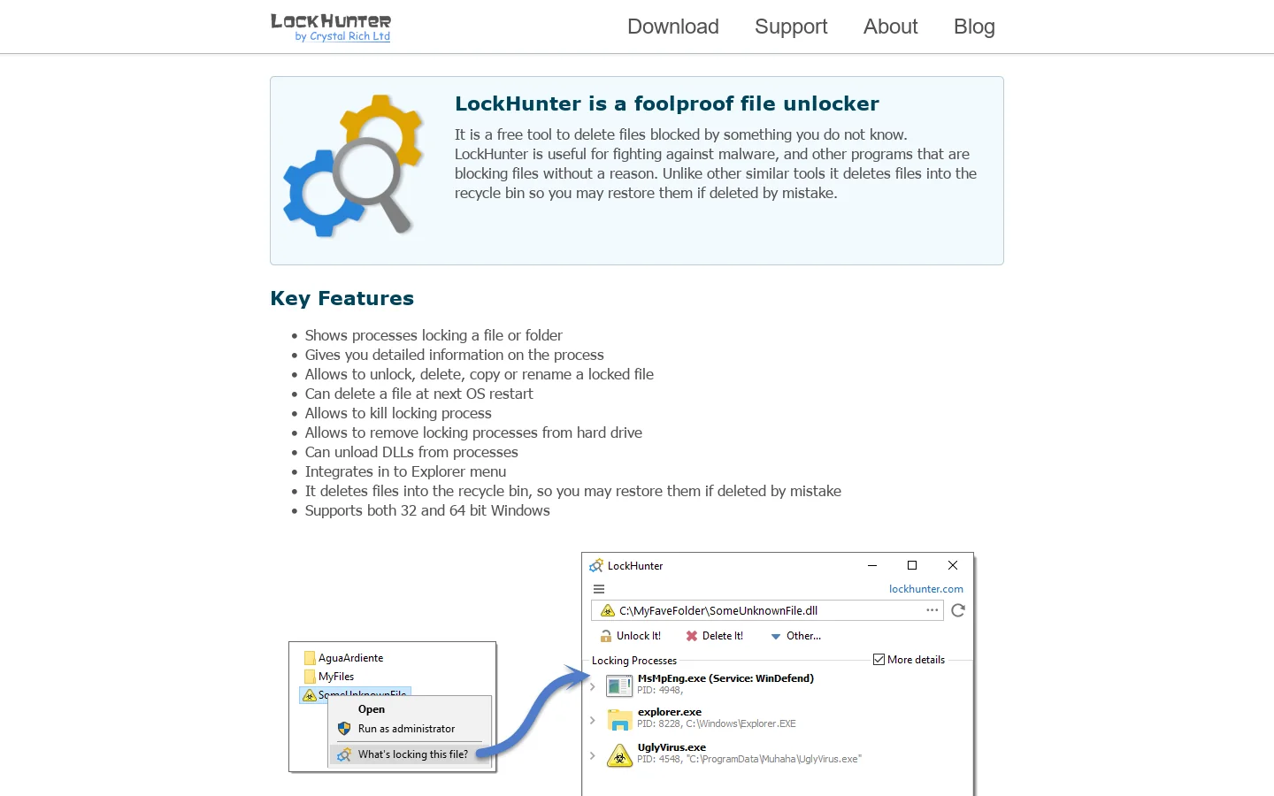 LockHunter is a free 64/32 bit tool to delete files blocked by any processes Homepage screenshot