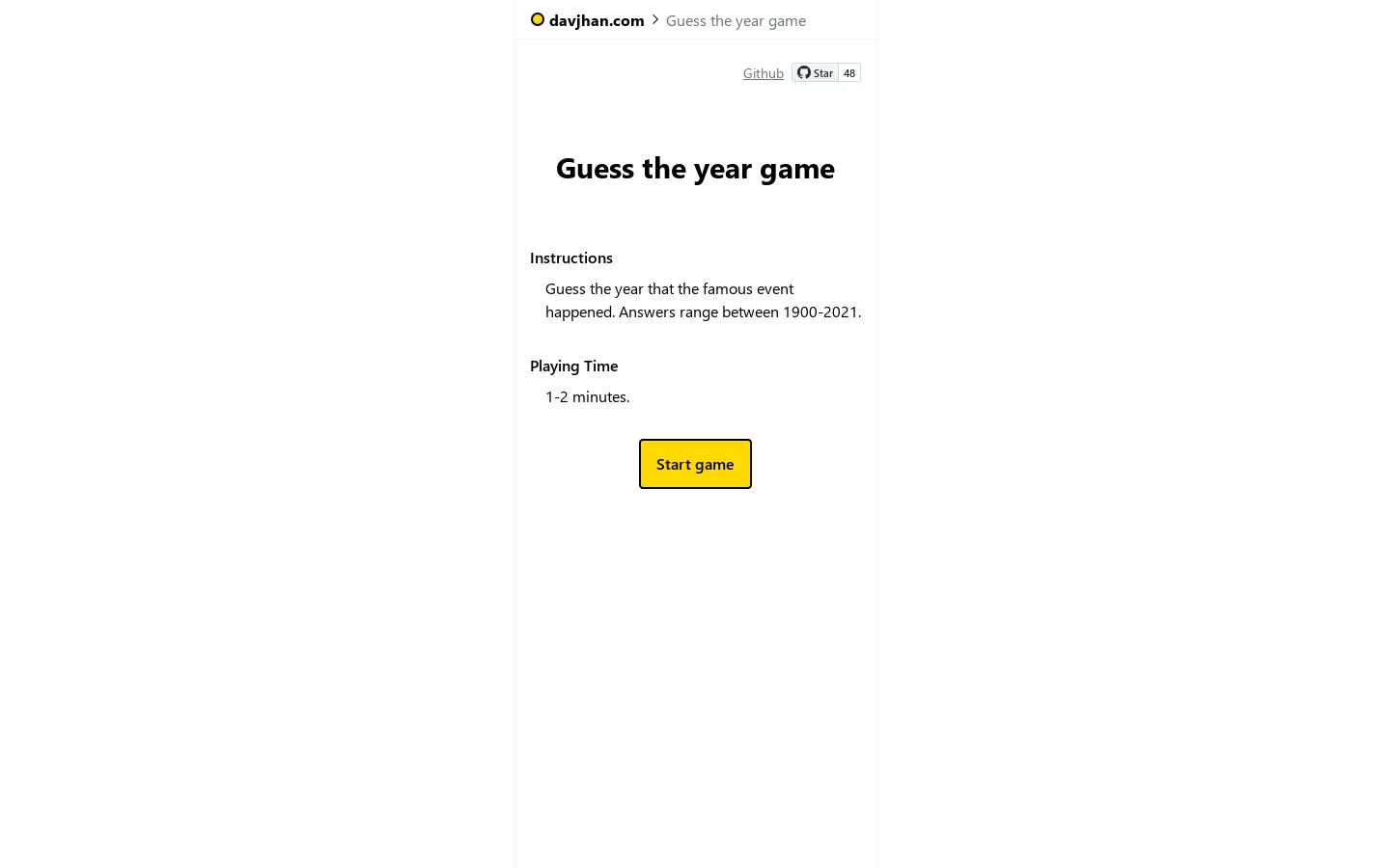 Guess the Year game Homepage screenshot