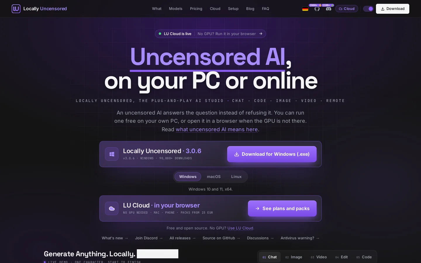 Uncensored AI Studio: Free, Open Source Chat, Image, Video Homepage screenshot