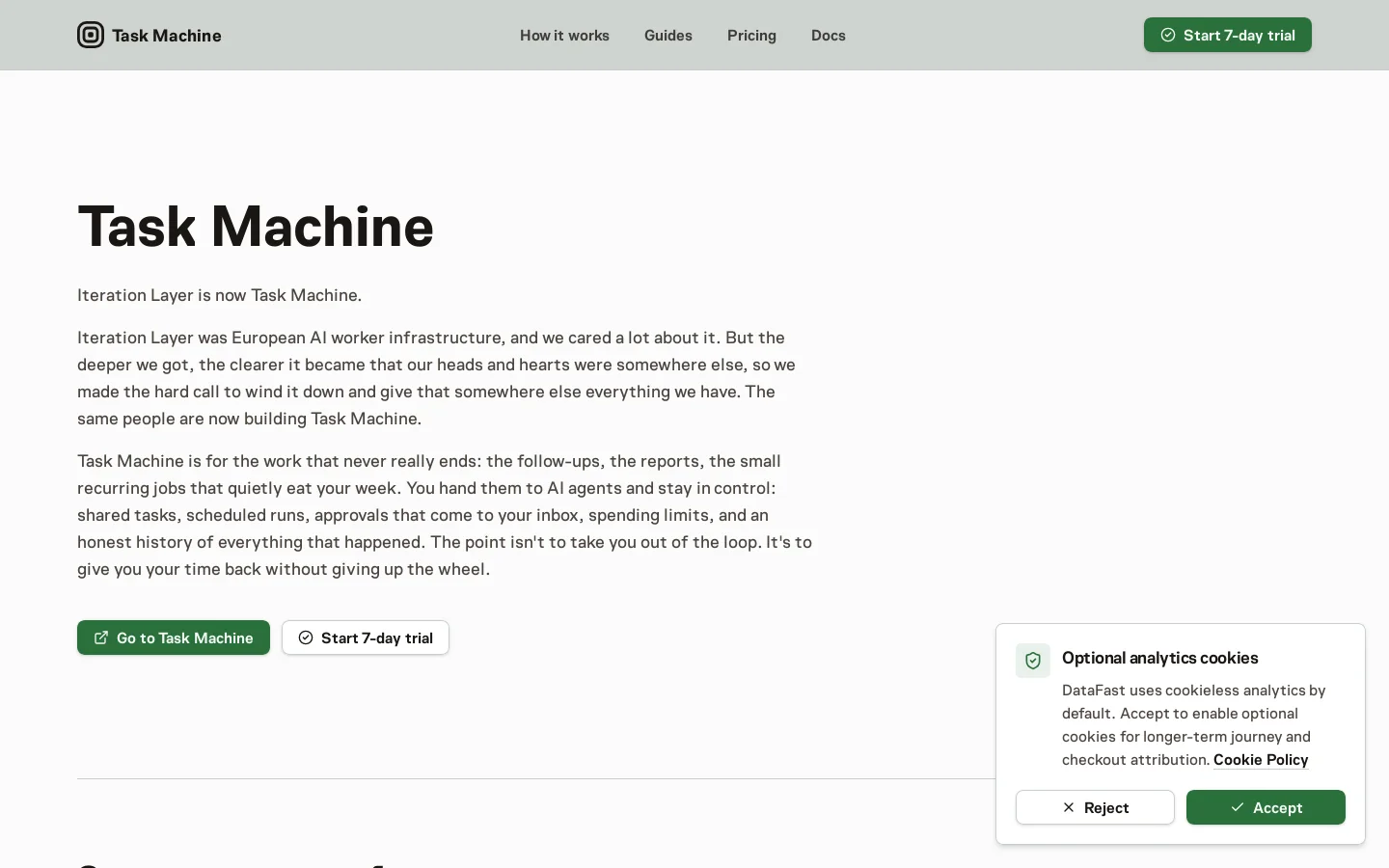 Iteration Layer is now Task Machine Homepage screenshot