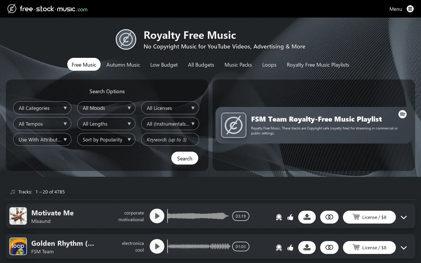 Royalty-Free Music for YouTube, Social Media & Creators Homepage screenshot