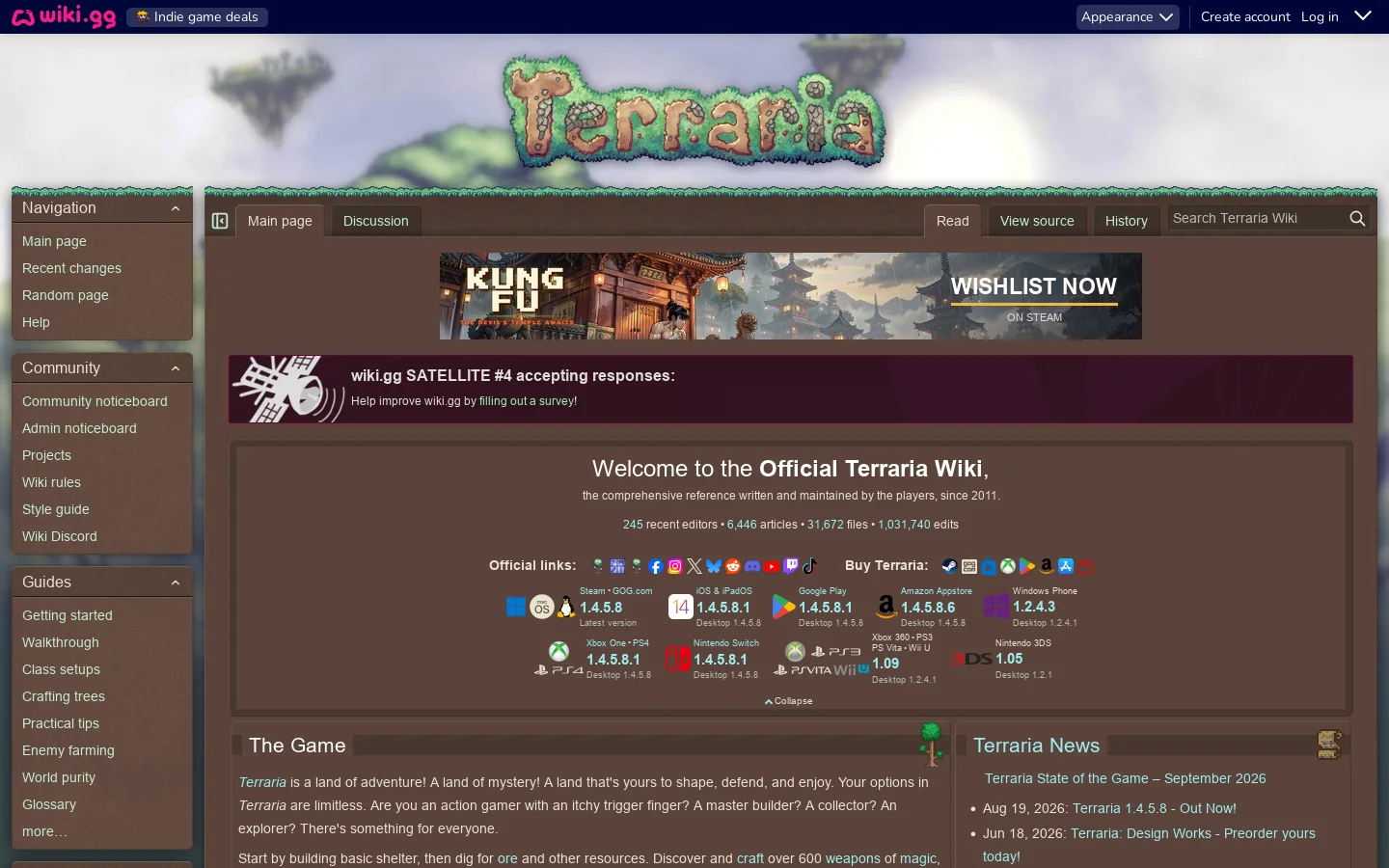 Official Terraria Wiki Homepage screenshot