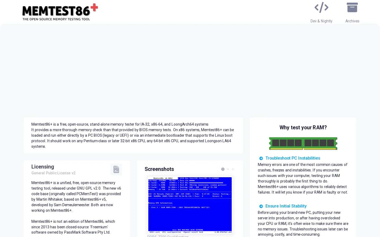 Memtest86+ Homepage screenshot