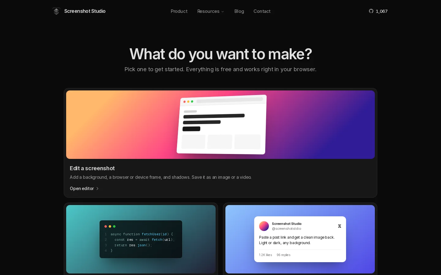 Screenshot Studio Homepage screenshot