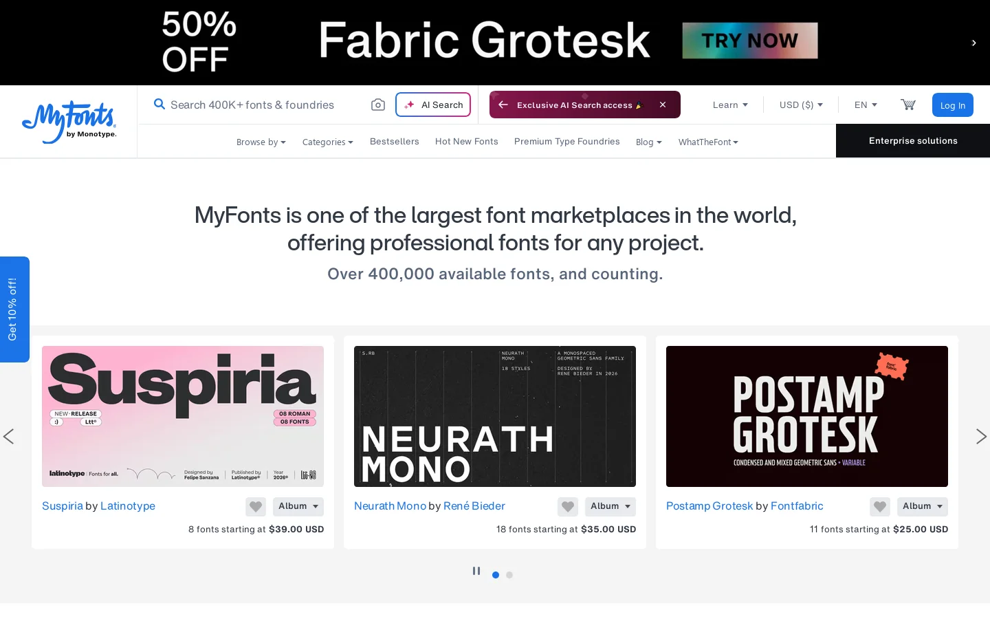 MyFonts Homepage screenshot